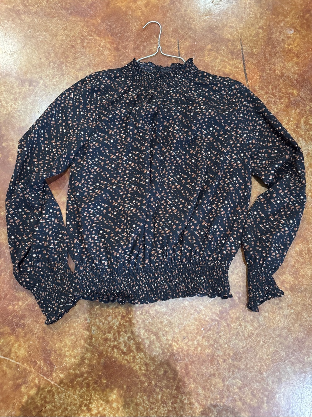 THML Black Blouse with Brown and White Spots